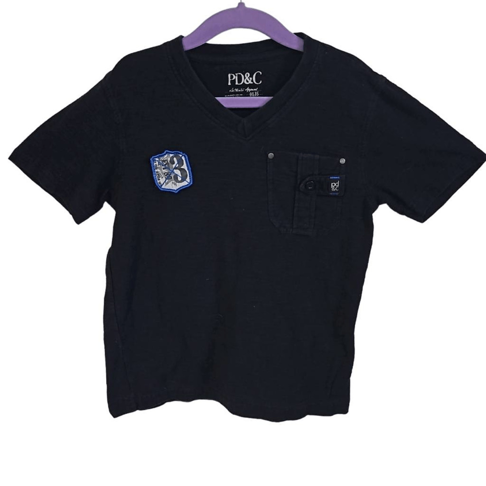PD&C Premium Denim Kids 5 Pocket Tee Shirt Washed Black Vneck Graphic Logo Back